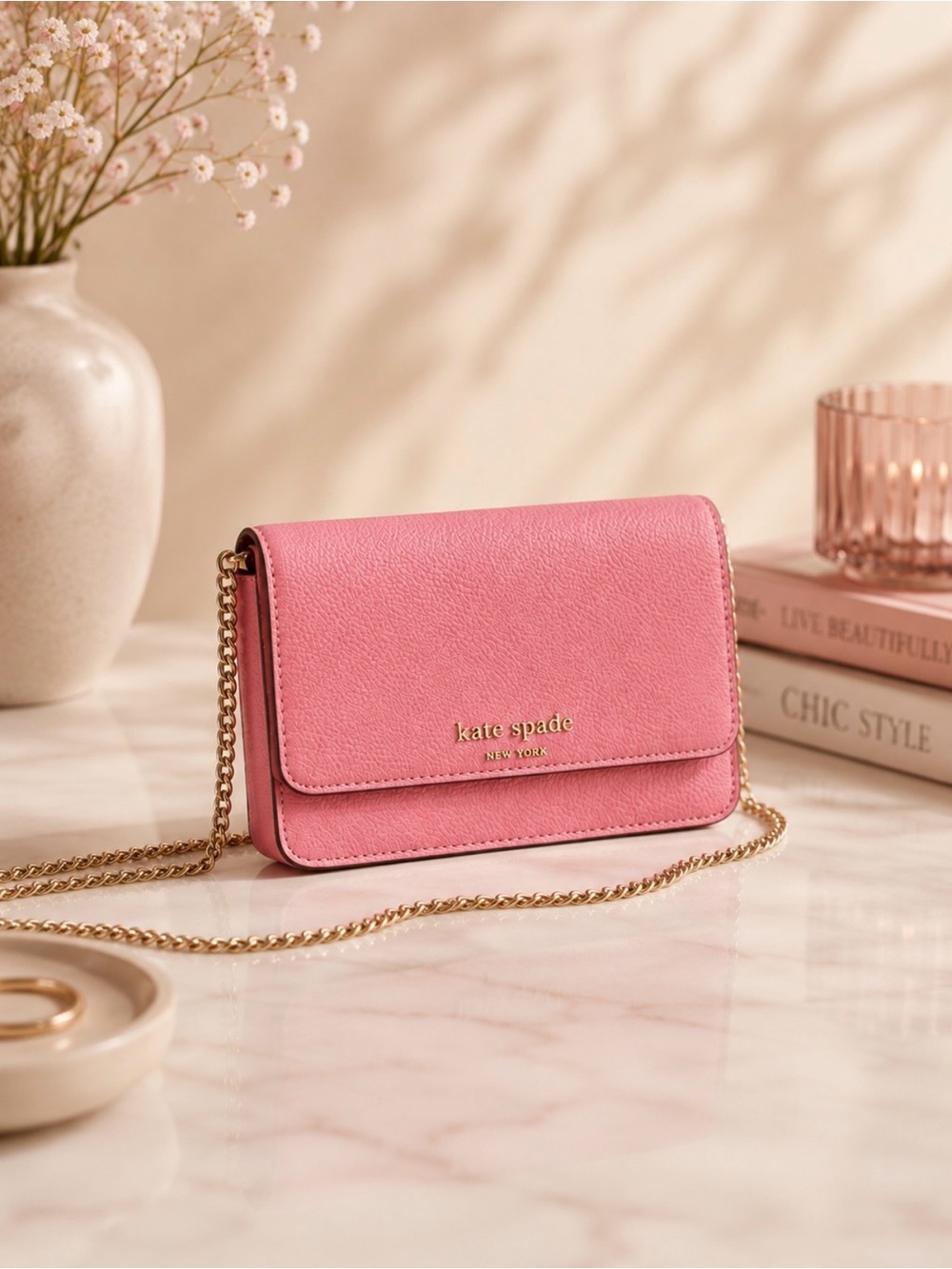 Kate Spade Pink Pebbled Leather Convertible Crossbody Clutch Wallet On Chain NWT